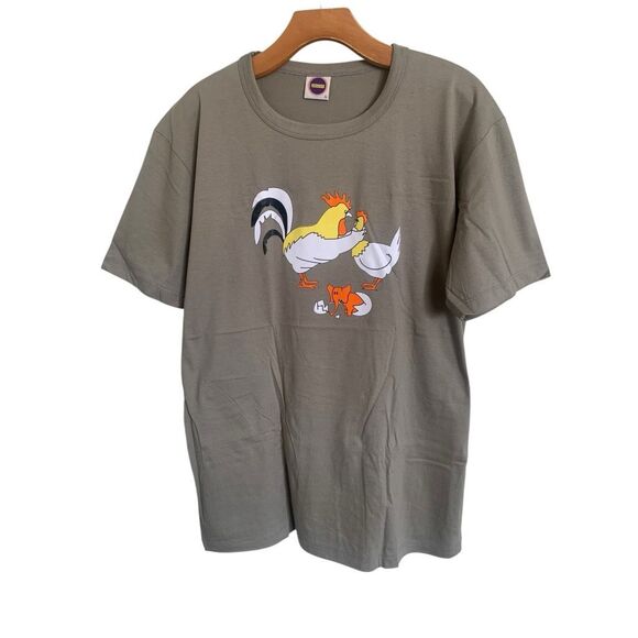 Tesss Unisex Graphic Tee L; 100% Cotton Taupe Shirt w/ Rooster & Hatchling (NWT) - Picture 1 of 3